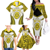 Personalised Niue The Rock Of Polynesia Family Matching Off The Shoulder Long Sleeve Dress and Hawaiian Shirt Peniamina Gospel Day Yellow Version LT05 - Polynesian Pride