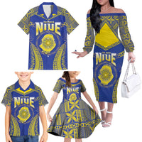 Personalised Niue The Rock Of Polynesia Family Matching Off The Shoulder Long Sleeve Dress and Hawaiian Shirt Peniamina Gospel Day Blue Version LT05 - Polynesian Pride