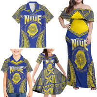 Personalised Niue The Rock Of Polynesia Family Matching Off Shoulder Maxi Dress and Hawaiian Shirt Peniamina Gospel Day Blue Version LT05 - Polynesian Pride
