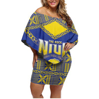 Personalised Niue The Rock Of Polynesia Family Matching Off Shoulder Short Dress and Hawaiian Shirt Peniamina Gospel Day Blue Version LT05 Mom's Dress Blue - Polynesian Pride