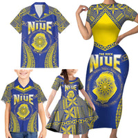 Personalised Niue The Rock Of Polynesia Family Matching Short Sleeve Bodycon Dress and Hawaiian Shirt Peniamina Gospel Day Blue Version LT05 - Polynesian Pride