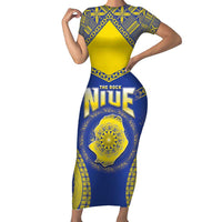 Personalised Niue The Rock Of Polynesia Family Matching Short Sleeve Bodycon Dress and Hawaiian Shirt Peniamina Gospel Day Blue Version LT05 Mom's Dress Blue - Polynesian Pride