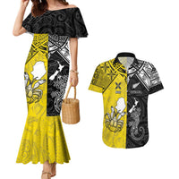 Custom New Zealand Maori And Niue Hiapo Couples Matching Mermaid Dress and Hawaiian Shirt Lizard And Coconut Crab Together LT05 Yellow - Polynesian Pride