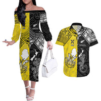 Custom New Zealand Maori And Niue Hiapo Couples Matching Off The Shoulder Long Sleeve Dress and Hawaiian Shirt Lizard And Coconut Crab Together LT05 Yellow - Polynesian Pride