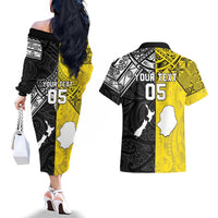Custom New Zealand Maori And Niue Hiapo Couples Matching Off The Shoulder Long Sleeve Dress and Hawaiian Shirt Lizard And Coconut Crab Together LT05 - Polynesian Pride