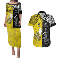 Custom New Zealand Maori And Niue Hiapo Couples Matching Puletasi and Hawaiian Shirt Lizard And Coconut Crab Together LT05 Yellow - Polynesian Pride