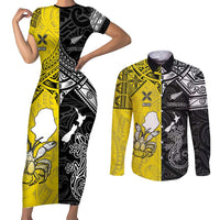 Custom New Zealand Maori And Niue Hiapo Couples Matching Short Sleeve Bodycon Dress and Long Sleeve Button Shirt Lizard And Coconut Crab Together LT05 Yellow - Polynesian Pride