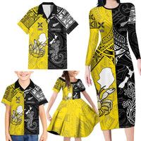 Custom New Zealand Maori And Niue Hiapo Family Matching Long Sleeve Bodycon Dress and Hawaiian Shirt Lizard And Coconut Crab Together LT05 - Polynesian Pride