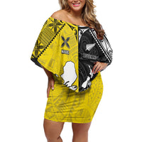 Custom New Zealand Maori And Niue Hiapo Family Matching Off Shoulder Short Dress and Hawaiian Shirt Lizard And Coconut Crab Together LT05 Mom's Dress Yellow - Polynesian Pride