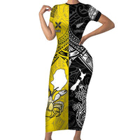 Custom New Zealand Maori And Niue Hiapo Family Matching Short Sleeve Bodycon Dress and Hawaiian Shirt Lizard And Coconut Crab Together LT05 Mom's Dress Yellow - Polynesian Pride