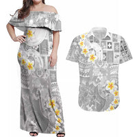 Tonga Christmas Couples Matching Off Shoulder Maxi Dress and Hawaiian Shirt Kilisimasi Fiefia Retro Style White - Polynesian Pride