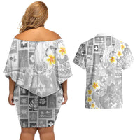 Tonga Christmas Couples Matching Off Shoulder Short Dress and Hawaiian Shirt Kilisimasi Fiefia Retro Style White - Polynesian Pride