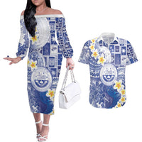 Federated States Of Micronesia Christmas Couples Matching Off The Shoulder Long Sleeve Dress and Hawaiian Shirt Retro Style Bright Version LT05 Blue - Polynesian Pride