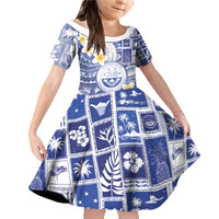 Federated States Of Micronesia Christmas Family Matching Off Shoulder Short Dress and Hawaiian Shirt Retro Style Bright Version LT05 Daughter's Dress Blue - Polynesian Pride