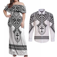 Personalised Melanesian Brotherhood Couples Matching Off Shoulder Maxi Dress and Long Sleeve Button Shirt With Tribal Pattern - Polynesian Pride