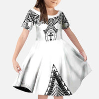 Personalised Melanesian Brotherhood Family Matching Off Shoulder Maxi Dress and Hawaiian Shirt With Tribal Pattern LT05 Daughter's Dress White - Polynesian Pride