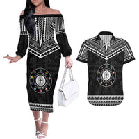 Personalised Melanesian Brotherhood Couples Matching Off The Shoulder Long Sleeve Dress and Hawaiian Shirt Ministry Faith And Mission LT05 Black - Polynesian Pride