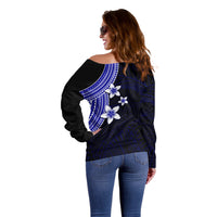Polynesian Off Shoulder Sweater With Plumeria Flower Blue LT6 - Polynesian Pride