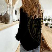 Polynesian Women Casual Shirt Hawaiian Warrior and Aloha Girl With Hammerhead Shark Tattoos Gold LT6 - Polynesian Pride