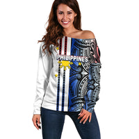 Custom Philippines Off Shoulder Sweater Polynesian Tribal White LT6 Women White - Polynesian Pride