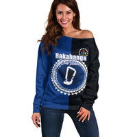 Custom Rakahanga Of Cook Islands Off Shoulder Sweater Mix Half Black LT6 Women Blue - Polynesian Pride
