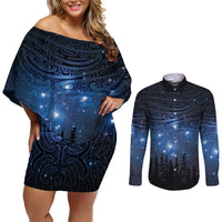 Matariki Te Tau Hou Māori Couples Matching Off Shoulder Short Dress and Long Sleeve Button Shirt New Zealand Starry Sky LT7 Galaxy - Polynesian Pride