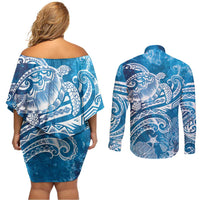 World Ocean Day Polynesian Pattern Couples Matching Off Shoulder Short Dress and Long Sleeve Button Shirt Crystal Waves
