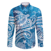 World Ocean Day Polynesian Pattern Family Matching Long Sleeve Bodycon Dress and Hawaiian Shirt Crystal Waves