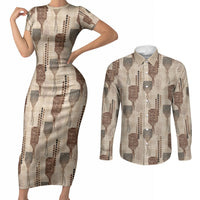 Aloha Hawaii Vintage Kahili Pa'a Lima Couples Matching Short Sleeve Bodycon Dress and Long Sleeve Button Shirt Palaka Print Cozy Beige LT7 Beige - Polynesian Pride