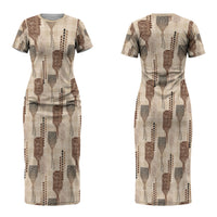 Aloha Hawaii Vintage Kahili Pa'a Lima Couples Matching Short Sleeve Bodycon Dress and Long Sleeve Button Shirt Palaka Print Cozy Beige LT7 - Polynesian Pride