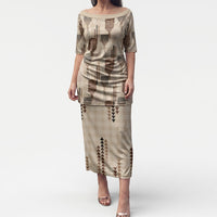 Aloha Hawaii Vintage Kahili Pa'a Lima Puletasi Palaka Print Cozy Beige LT7 Long Dress Beige - Polynesian Pride