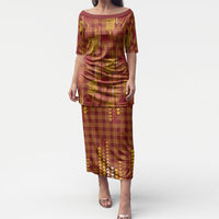 Aloha Hawaii Vintage Kahili Pa'a Lima Puletasi Palaka Print Hilo Royal Red-Yellow LT7 Long Dress Red - Polynesian Pride