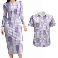 Aloha Hawaii Vintage Kahili Pa'a Lima Couples Matching Long Sleeve Bodycon Dress and Hawaiian Shirt Palaka Print Pastel Lavender