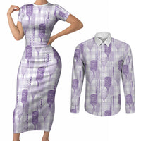 Aloha Hawaii Vintage Kahili Pa'a Lima Couples Matching Short Sleeve Bodycon Dress and Long Sleeve Button Shirt Palaka Print Pastel Lavender LT7 Lavender - Polynesian Pride