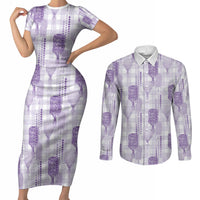 Aloha Hawaii Vintage Kahili Pa'a Lima Couples Matching Short Sleeve Bodycon Dress and Long Sleeve Button Shirt Palaka Print Pastel Lavender