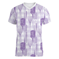 Aloha Hawaii Vintage Kahili Pa'a Lima Women V-Neck T-Shirt Palaka Print Pastel Lavender