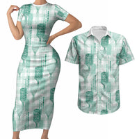 Aloha Hawaii Vintage Kahili Pa'a Lima Couples Matching Short Sleeve Bodycon Dress and Hawaiian Shirt Palaka Print Mossy Teal LT7 Mossy Teal - Polynesian Pride