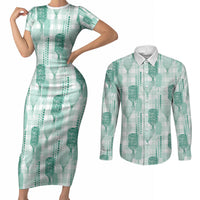Aloha Hawaii Vintage Kahili Pa'a Lima Couples Matching Short Sleeve Bodycon Dress and Long Sleeve Button Shirt Palaka Print Mossy Teal LT7 Mossy Teal - Polynesian Pride