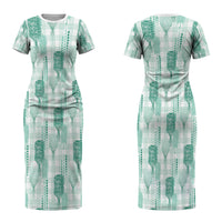 Aloha Hawaii Vintage Kahili Pa'a Lima Couples Matching Short Sleeve Bodycon Dress and Long Sleeve Button Shirt Palaka Print Mossy Teal LT7 - Polynesian Pride