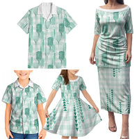 Aloha Hawaii Vintage Kahili Pa'a Lima Family Matching Puletasi and Hawaiian Shirt Palaka Print Mossy Teal