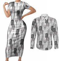 Aloha Hawaii Vintage Kahili Pa'a Lima Couples Matching Short Sleeve Bodycon Dress and Long Sleeve Button Shirt Palaka Print Hinahina LT7 Gray - Polynesian Pride