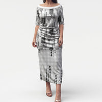 Aloha Hawaii Vintage Kahili Pa'a Lima Puletasi Palaka Print Hinahina LT7 Long Dress Gray - Polynesian Pride