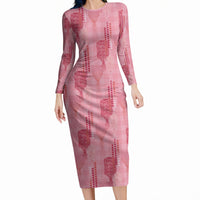 Aloha Hawaii Vintage Kahili Pa'a Lima Long Sleeve Bodycon Dress Palaka Print Berry Pink LT7 Long Dress Pink - Polynesian Pride