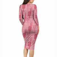 Aloha Hawaii Vintage Kahili Pa'a Lima Long Sleeve Bodycon Dress Palaka Print Berry Pink LT7 - Polynesian Pride