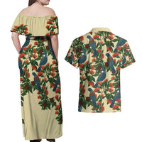 New Zealand Christmas Couples Matching Off Shoulder Maxi Dress and Hawaiian Shirt Romantic Tui Birds on Pohutukawa - Ivory LT7 - Polynesian Pride