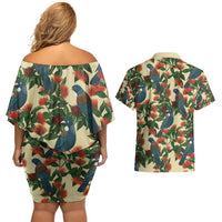 New Zealand Christmas Couples Matching Off Shoulder Short Dress and Hawaiian Shirt Romantic Tui Birds on Pohutukawa - Ivory LT7 - Polynesian Pride