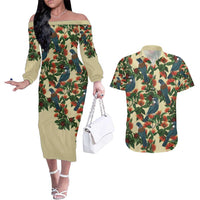 New Zealand Christmas Couples Matching Off The Shoulder Long Sleeve Dress and Hawaiian Shirt Romantic Tui Birds on Pohutukawa - Ivory LT7 Ivory - Polynesian Pride