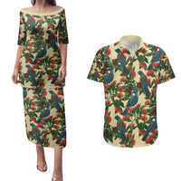 New Zealand Christmas Couples Matching Puletasi and Hawaiian Shirt Romantic Tui Birds on Pohutukawa - Ivory LT7 Ivory - Polynesian Pride