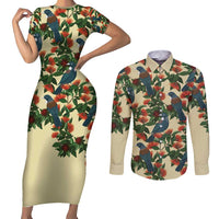 New Zealand Christmas Couples Matching Short Sleeve Bodycon Dress and Long Sleeve Button Shirt Romantic Tui Birds on Pohutukawa - Ivory LT7 Ivory - Polynesian Pride