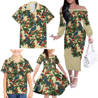 New Zealand Christmas Family Matching Off The Shoulder Long Sleeve Dress and Hawaiian Shirt Romantic Tui Birds on Pohutukawa - Ivory LT7 - Polynesian Pride